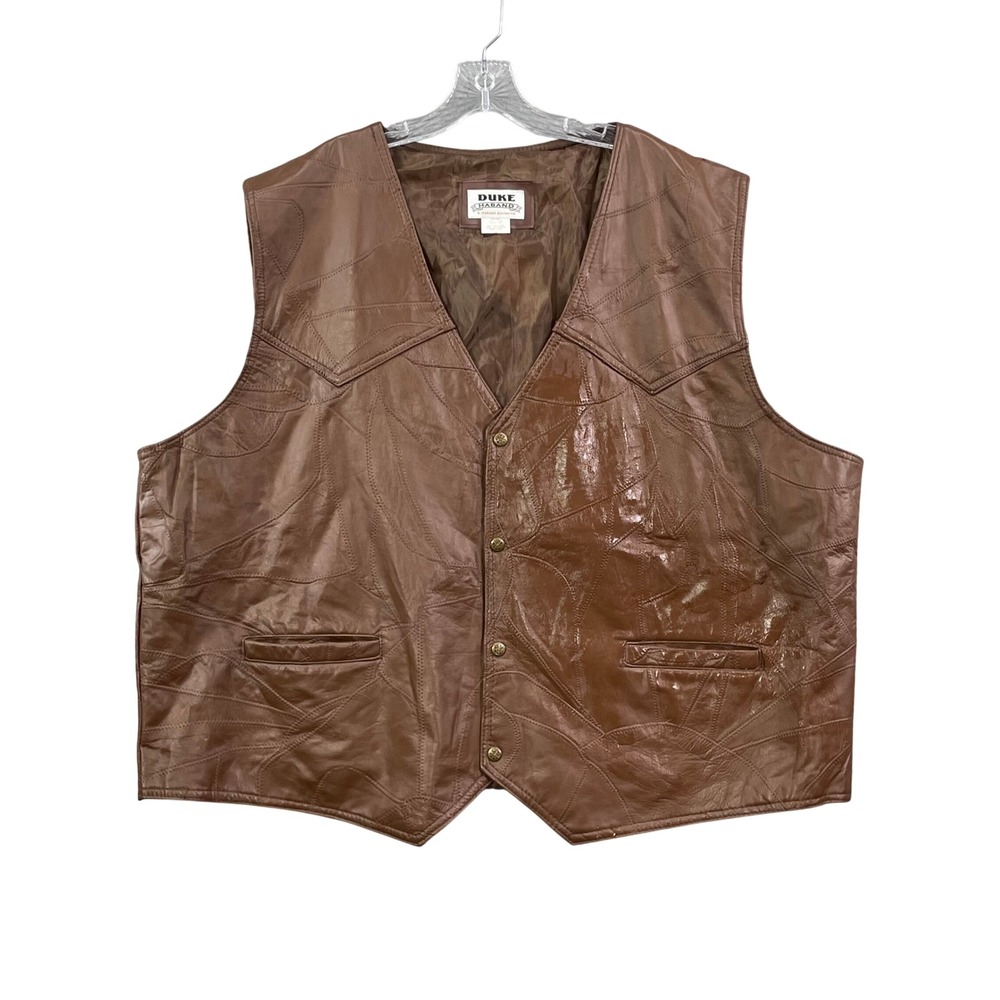 Duke Haband Leather Vest Mens 4XL Brown Patchwork Western Biker V-Neck 32K